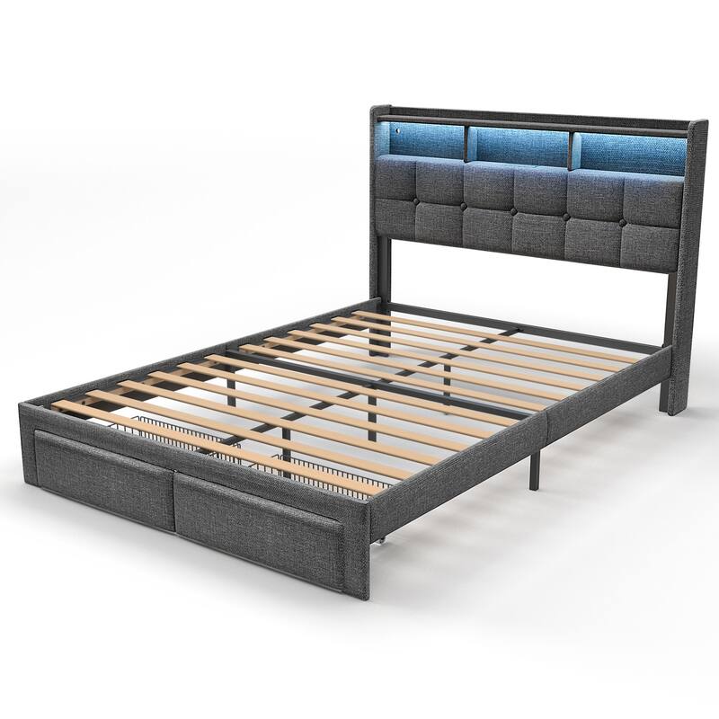 King Size Upholstered Platform Bed with LED Lights, Charging Station & Storage Headboard, No Box Spring Needed