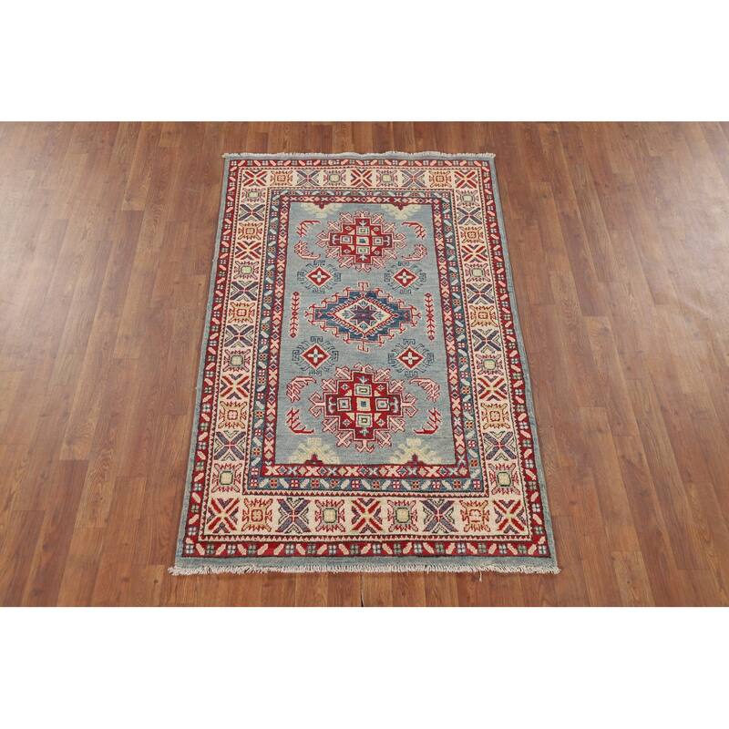 Geometric Blue Kazak Accent Rug Hand-Knotted Wool Carpet - 3'4" x 5'3"