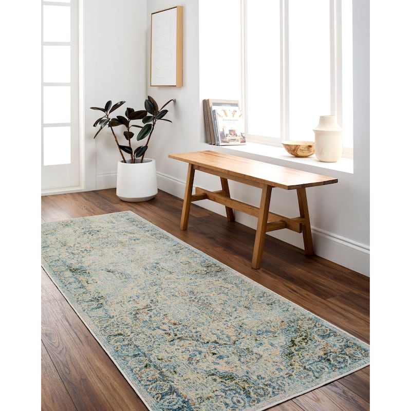 Livabliss Lillian Machine Washable Faded Classic Area Rug - Dark Green/Dark Blue - 6'7" x 9'