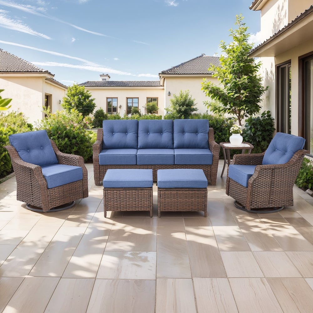 Gymojoy 6-Piece Wicker Patio Furniture Set, 6-Inch Ultra Thick Cushioned 360° Swivel Glider Chairs & Multifunctional Ottomans