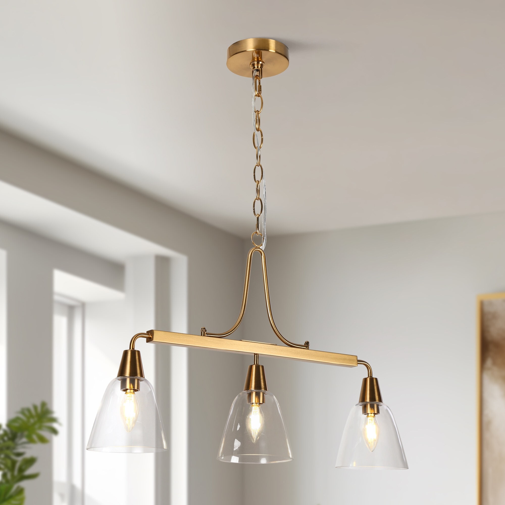 Modern Gold 3-Light Glass Chandelier Island Lights for Dining Room - 27.2L"x6W"x17.3"H