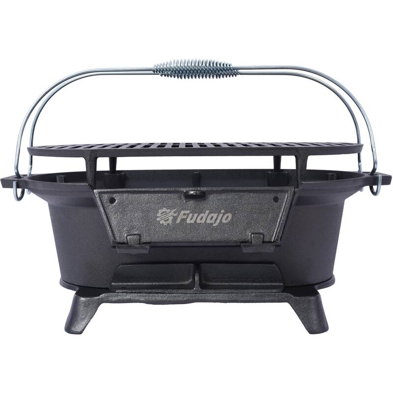 Anmytek Oval Cast Iron Hibachi Grill Portable Charcoal BBQ for Camping and Outdoor Cooking