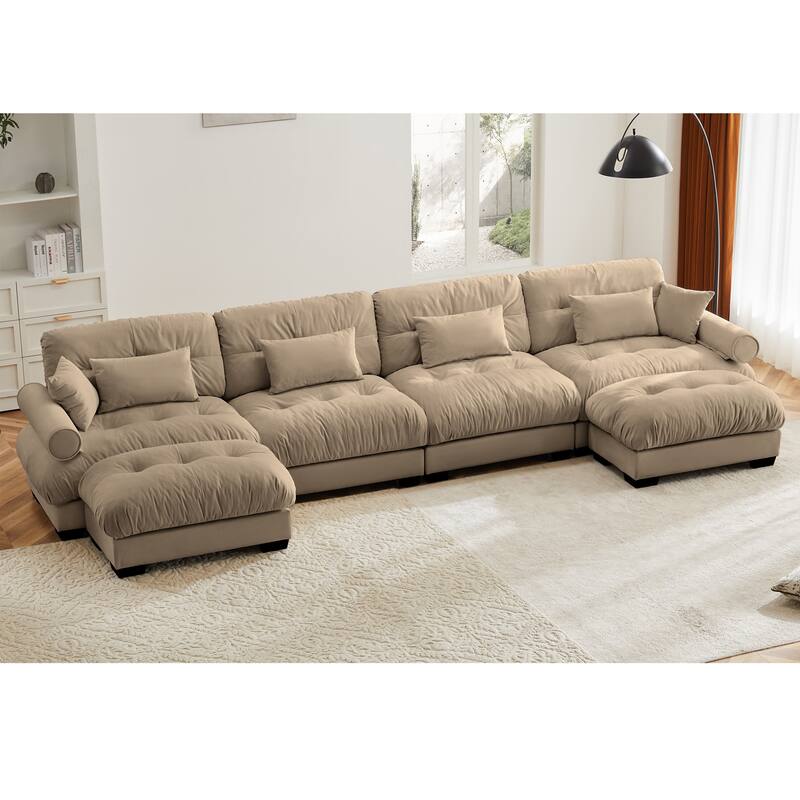 U-Shaped 4 Deep Seater Sectional Sofa with 2 Movable Ottomans & Pillows - Camel