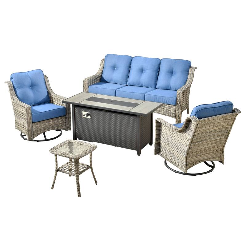 HOOOWOOO 5-piece Rattan Outdoor Patio High Back Swivel Chair Set with 54"Fire Pit