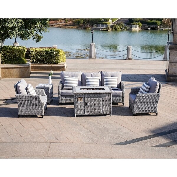 5-Piece Gas Fire Pit Wicker Patio Furniture Outdoor Seating