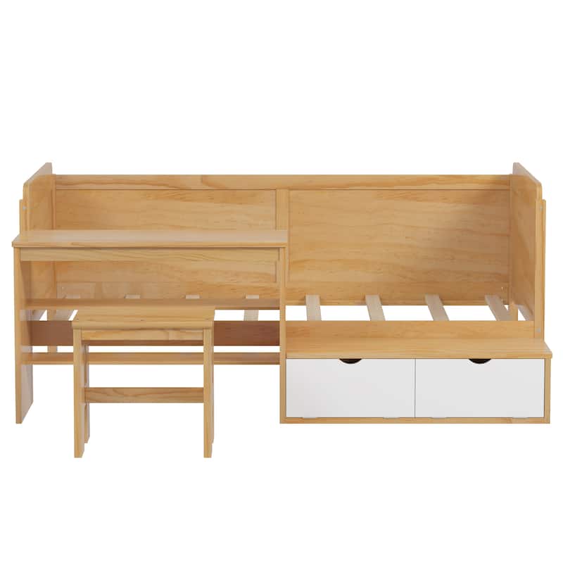 Twin Size Natural Wood Daybed with Study Desk & Storage (350lb Capacity)