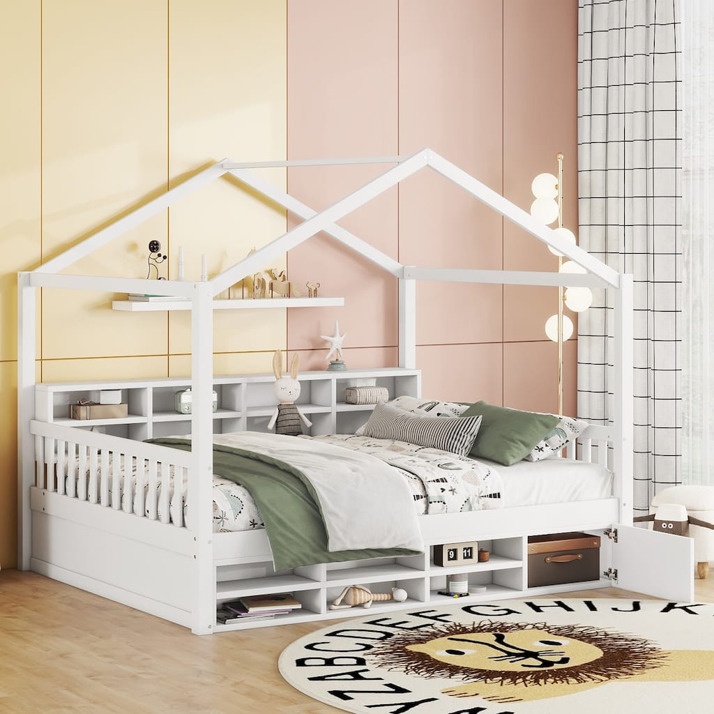 Full Wooden House Bed with Shelves and Mini-Cabinet - White/Gray
