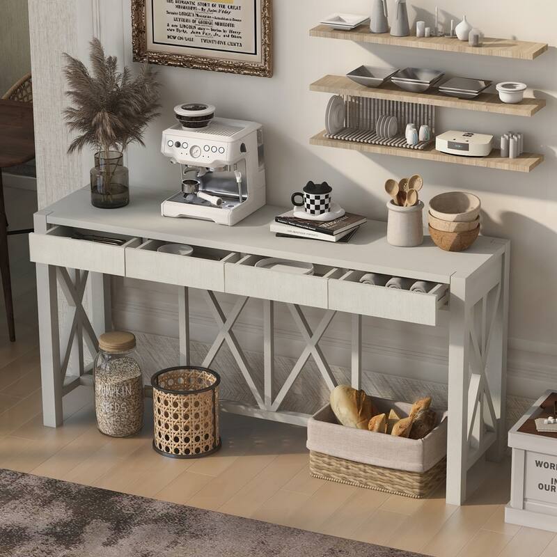 Crisscross Design Entryway Table with Open Bottom Storage - Beige