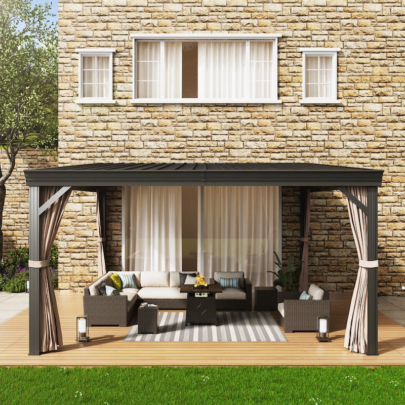 12x14ft Wall-Mounted Aluminum Patio Gazebo with Galvanized Steel Roof