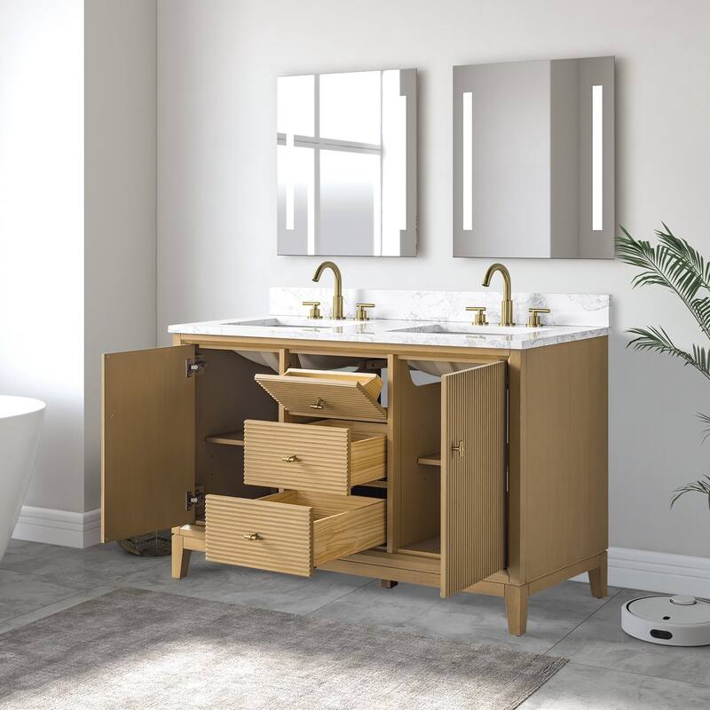 Vanity Art 54" Freestanding Bathroom Vanity with Engineered Marble Top and Sinks