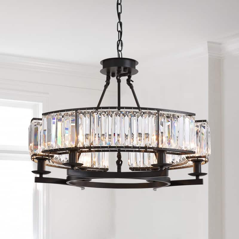 26 in. 6-Light Modern Farmhouse Crystal Chandelier Black Drum Kitchen Island Pendant Light