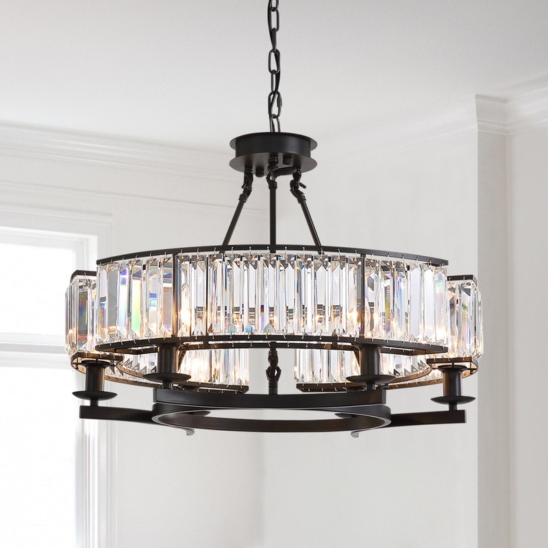 26 in. 6-Light Modern Farmhouse Crystal Chandelier Black Drum Kitchen Island Pendant Light