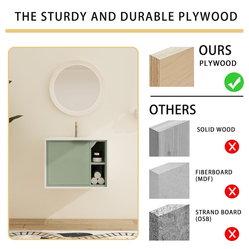 Malwee 24"/30" Floating Bathroom Vanity, Wall Mounted Bathroom Vanity with Ceramic Sink,Soft Close Door and Shelf