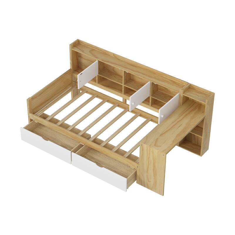 L-Shape Storage Headboard Daybed Sofa Bed, Wooden Panel Bed Frame with Study Desk and 2 Storage Drawers