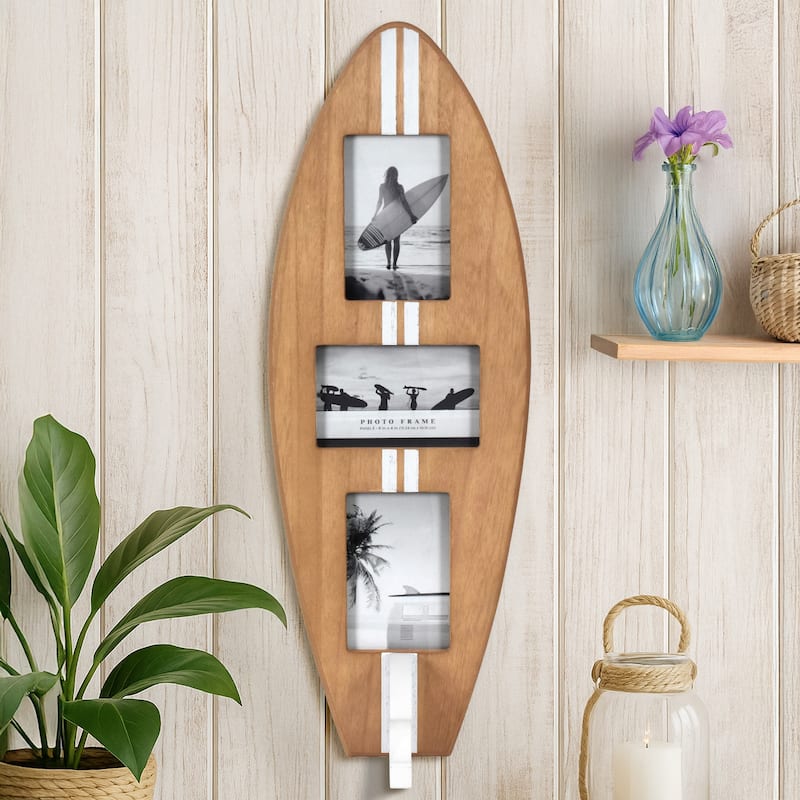 American Art Decor Surfboard Photo Collage Wall Decor - 8 or 3 - Photo Beach Frame - 3 Photos Coastal Surfboard