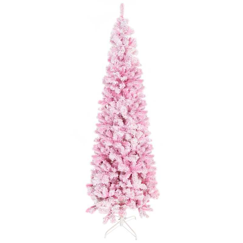 HOMCOM Unlit Snow Flocked Slim Pencil Tree - Pine Shape, Realistic Branches, Pink