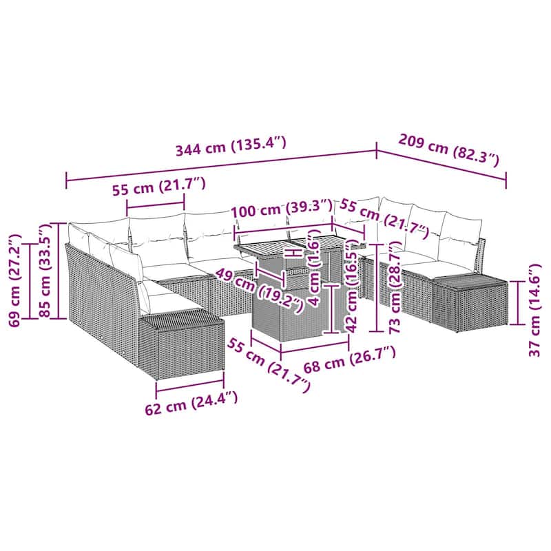 vidaXL 11 Garden Sofa Set with Cushions Black/Grey Poly Rattan - 135.4 x 89.4 x 27.2