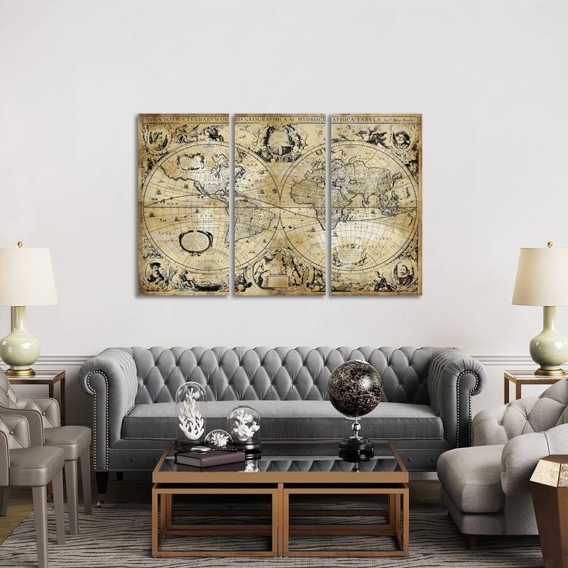 iCanvas "Antique World Map" by Russell Brennan 3-Piece Canvas Wall Art Set - 40x60x1.5