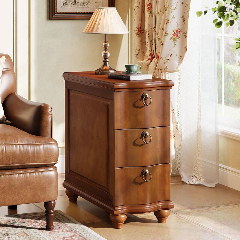 Wood Side Table with 3-Drawers, Fully Assembled End Table for Living Room, Tall Narrow Nightstand for Bedroom