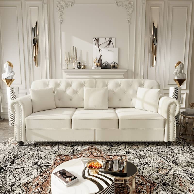 82.6" Velvet Sofa with Button Tufted, 3 Pillows and 1 Ottoman