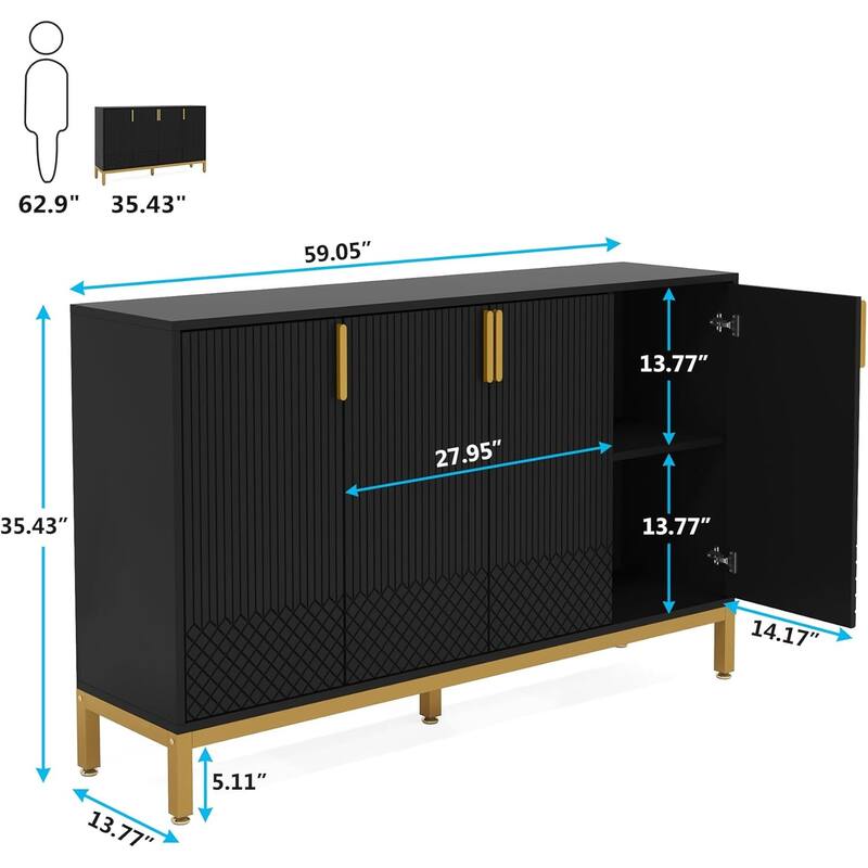 Modern MDF Buffet Sideboard Cabinet with 4 Doors and Metal Legs for Kitchen Dining or Living Room - 59"L x 13.7" W x 35.5" H