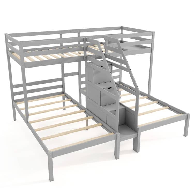 Bunk Bed for 3 Kids, Twin Over Twin with Storage Staircase and Safety Guardrails - Grey