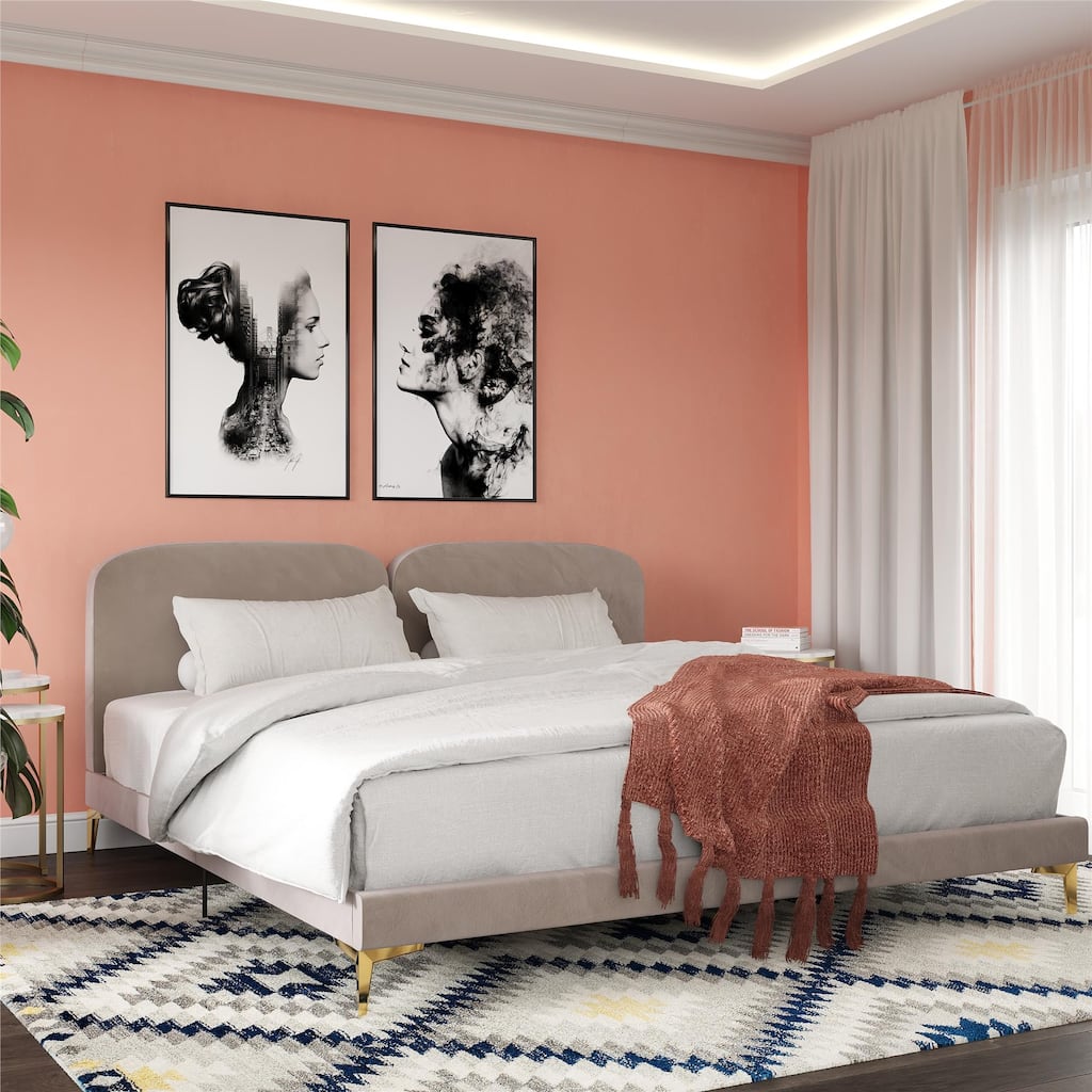 Velvet Upholstered Platform Bed with Foam-Padded Headboard, Modern Metal Legs, King Size