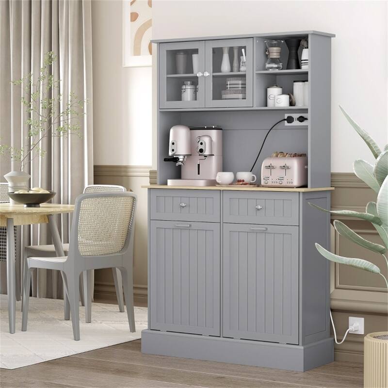 Multi-Functional Kitchen Pantry Cabinet with Drawers Tilt Out Cabinets Adjustable Shelves Tempered Glass Anti Tipping for Home