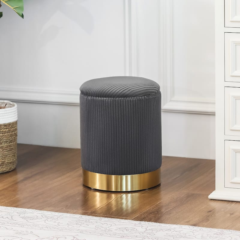 Adeco Round Storage Ottoman Footrest Stool Velvet Gold Plating Base