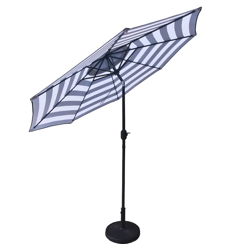 9 Feet Black/White Strip Tilt Market Umbrella with Stand/Base Set