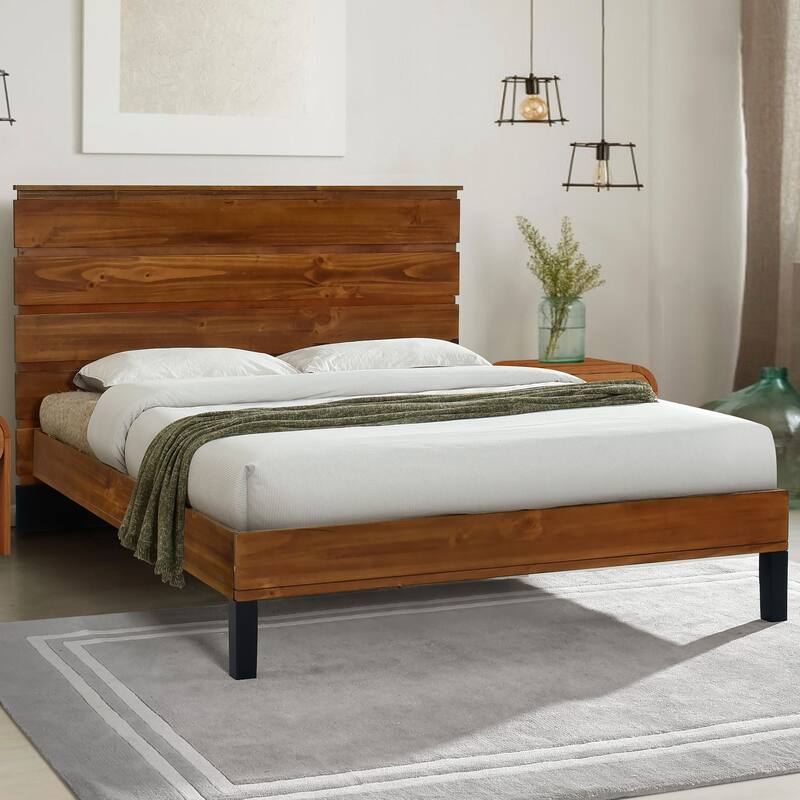 Rustic Brown Solid Wood Frame Full/Queen/King Size Panel Bed Platform Bed Frame with Six-Piece Headboard,No Box Spring Needed