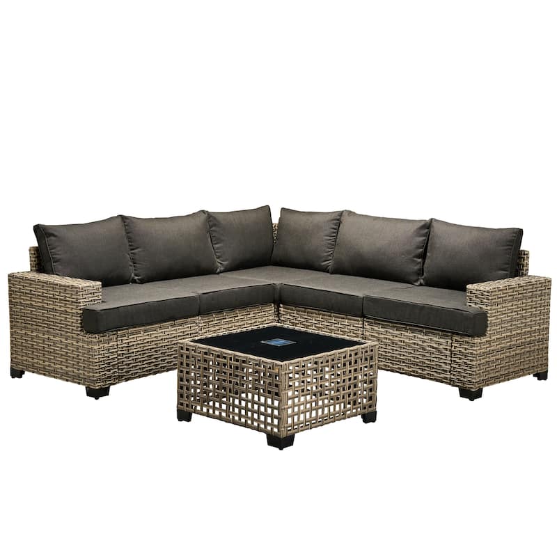 OVIOS 6 Pieces T shaped Seat Wide Armrest Set With Solar-Powered Coffee Table