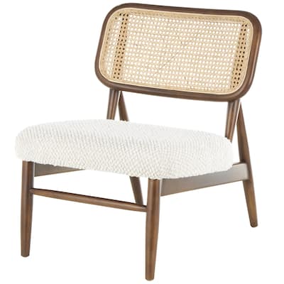 Polyester Rounded Boucle Living Room Accent Chair with Brown Wooden Legs and Matching Pillow - White - Roche River Decor