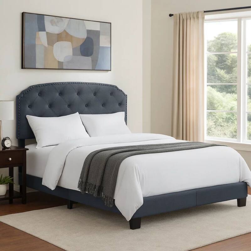 Full Bed with Button Tufted Scalloped Headboard, Gray
