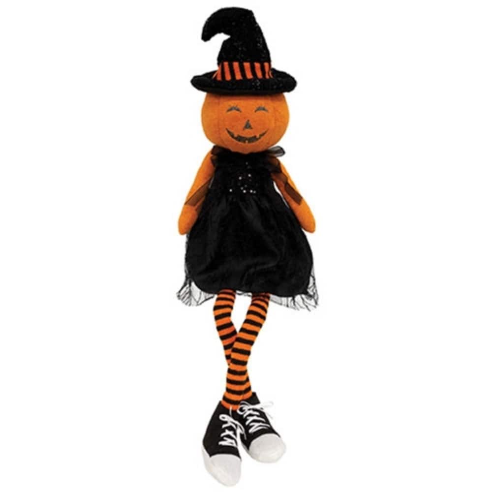 Halloween Jack O Lantern Witch Doll Plush Figure with Dangle Legs Shelf or Table Decor - 30" H x 9" W