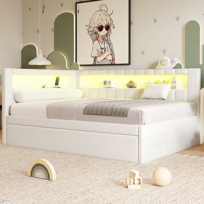 Upholstered Platform Bed with USB Ports and LED Belt With Trundle