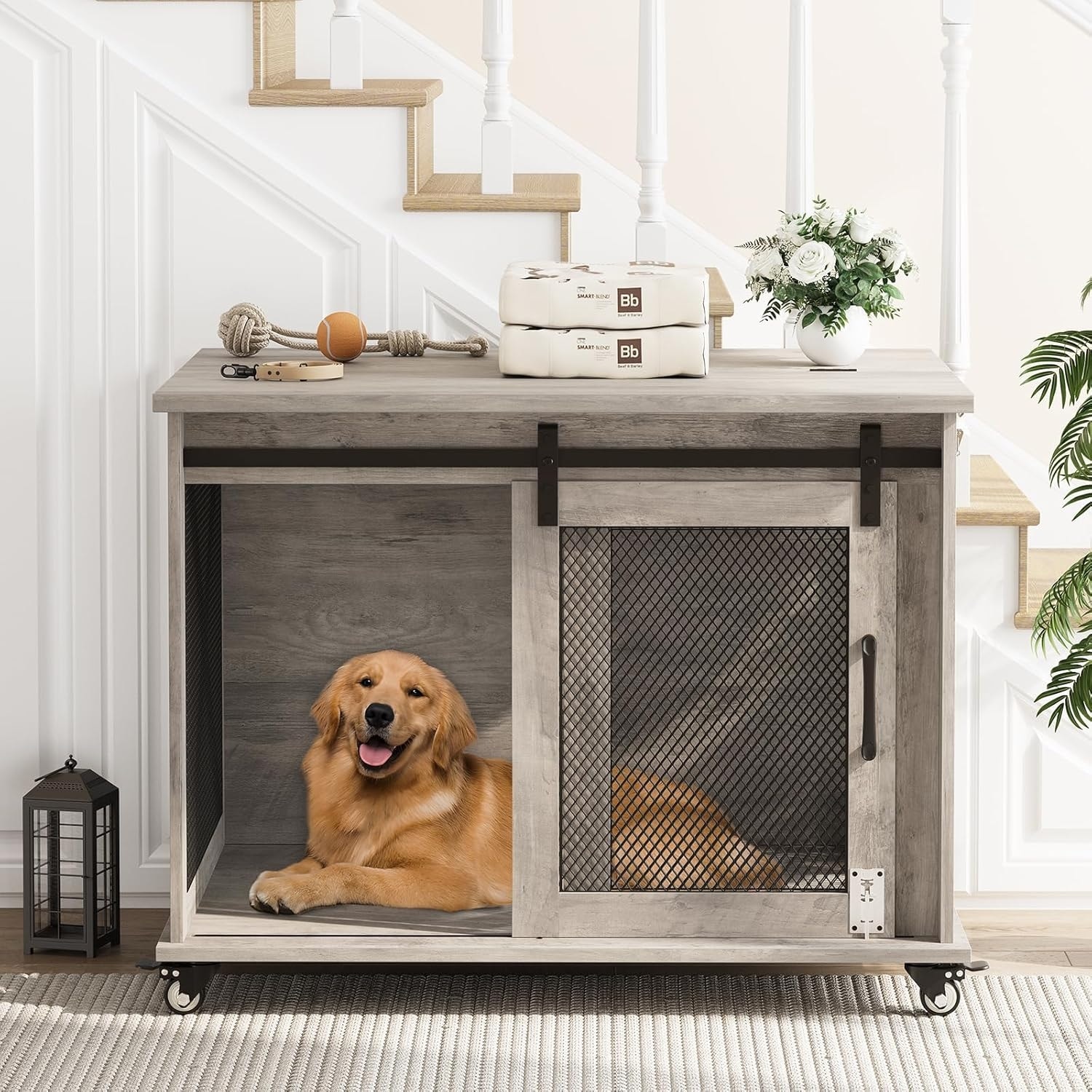 Dog Crate Furniture with Flip Top, Dog Kennel with Sliding Door and Wheels