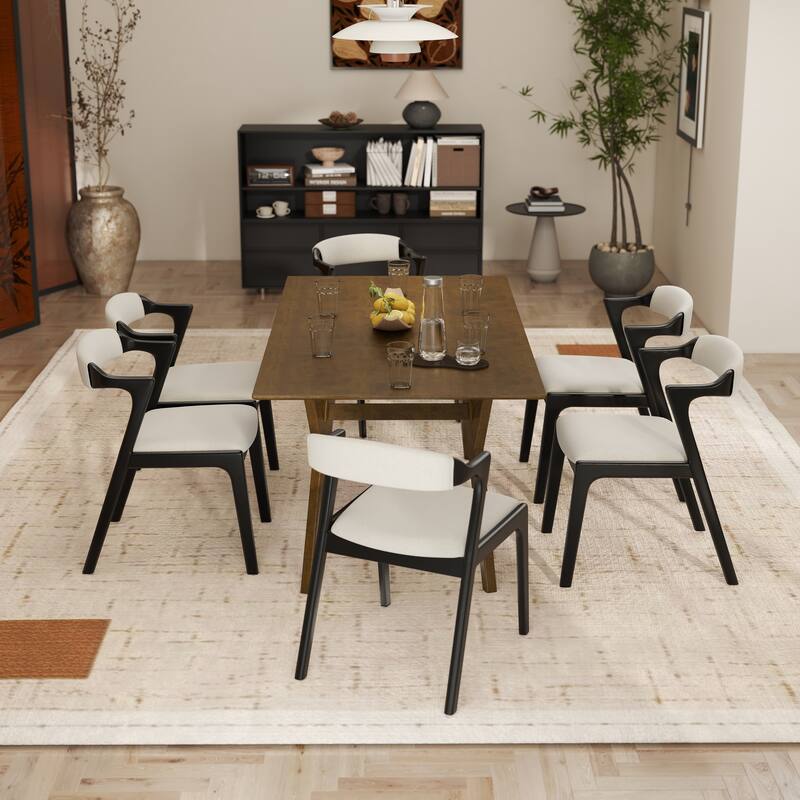 Roundhill Furniture Lavin Modern 7-Piece Dining Set, Walnut Finished Dining Table with 6 Chairs