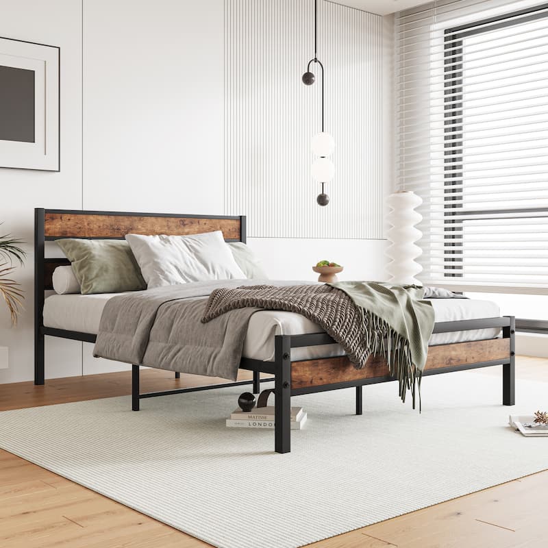 Metal Bed Platform Bed Frame w/Rustic Vintage Wood Headboard & Footboard, Metal Slats Support, No Box Spring Needed, Noise-Free