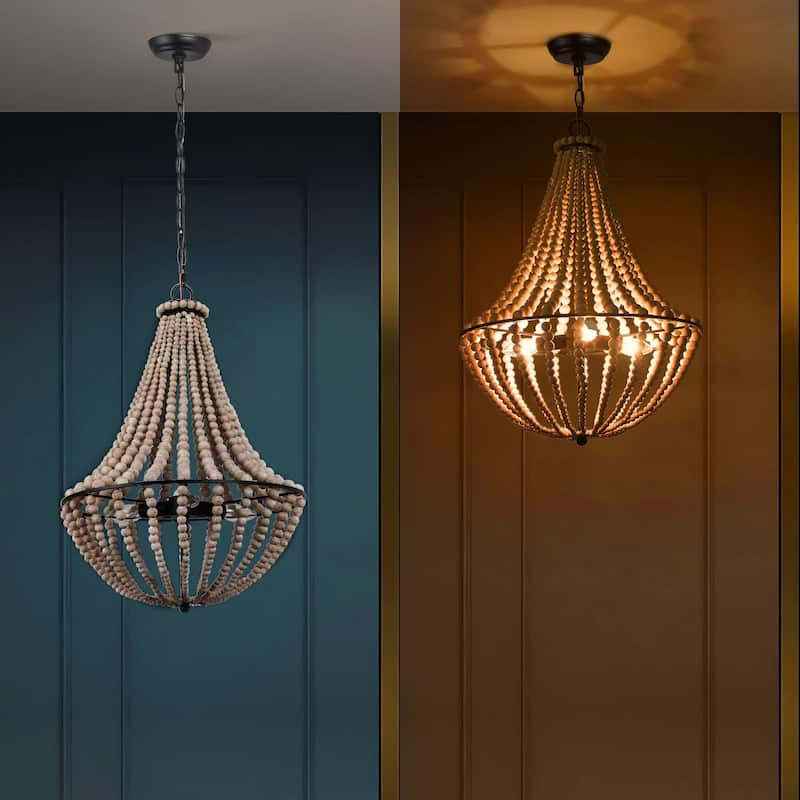 Modern Farmhouse 3-Light Wood Beads Coastal Chandelier - Off-white - 15.5'' L x 15.5'' W x 22'' H