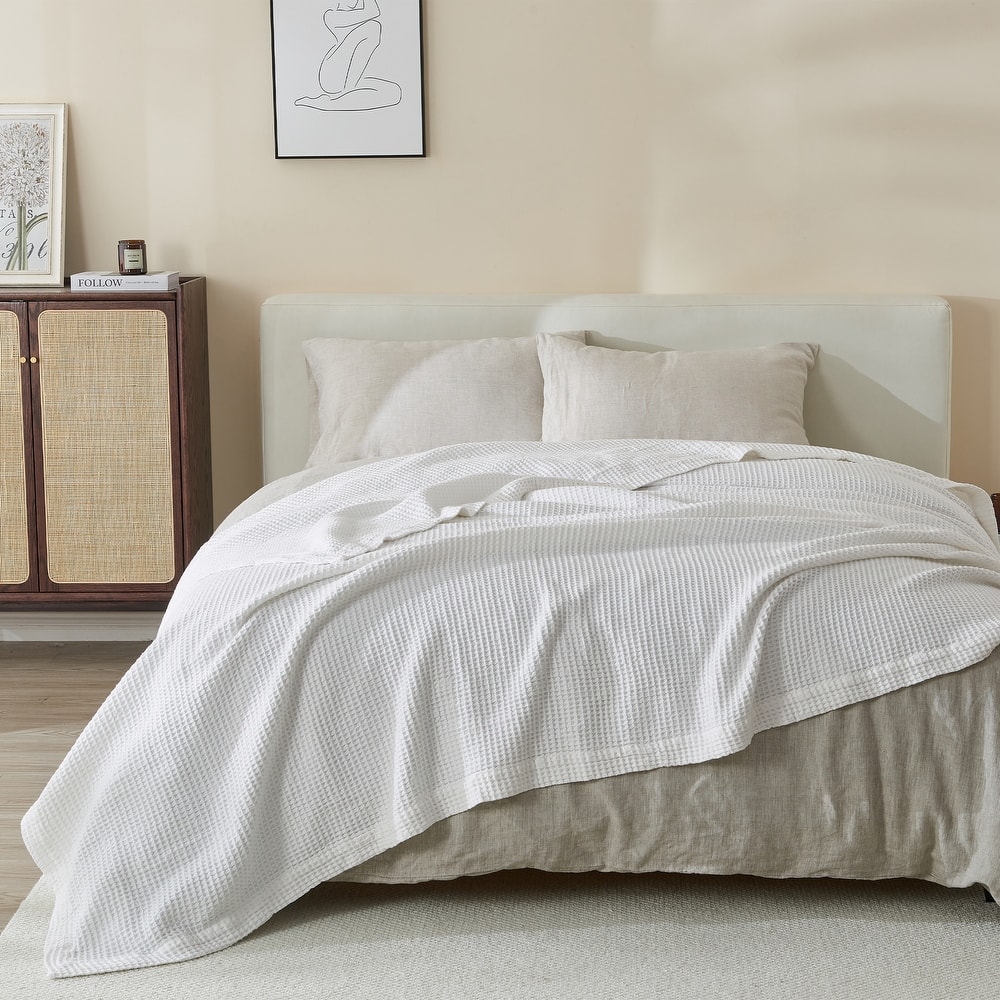 Linery & Co. 100% Cotton All-Season Lightweight Waffle Weave Knit Throw Blanket