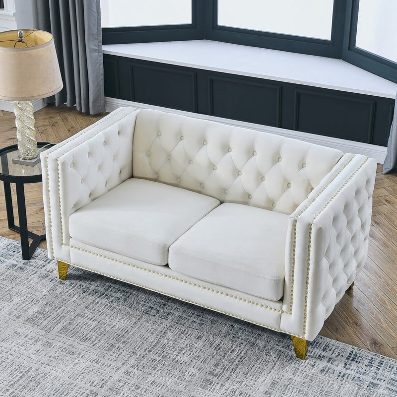 Luxury Velvet Upholstered Tufted Sofa with Arms,Living Room Couches with Metal Legs