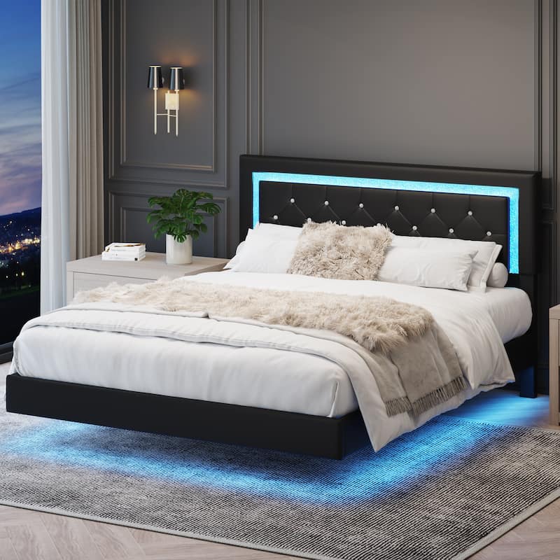 Upholstered Platform Bed PU Leather Floating Bed Frame with LED Lights&Diamond Tufted Headboard/No Box Spring Needed/Noise Free - Black - Queen