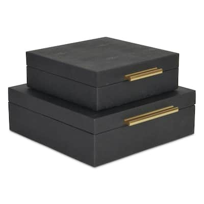 Set of 2 Black Square Faux Shagreen Decorative Box with Handles 9.75"