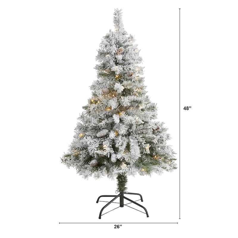 4ft. Flocked Pine Artificial Christmas Tree with Pinecones & 100 Clear LED Lights - Charming Winter Holiday X-Mas Tree