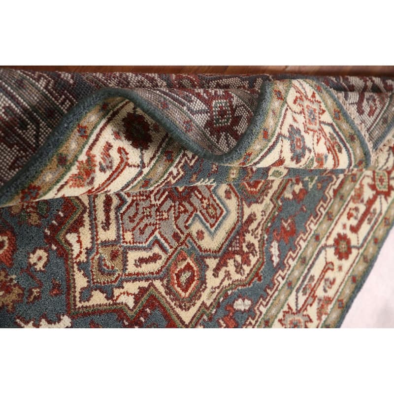 Geometric Blue Heriz-Serapi Oriental Accent Rug Handmade Wool Carpet - 4'1"x 6'0"