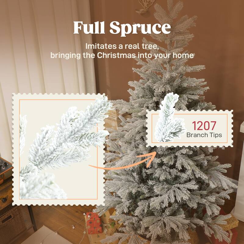 HOMCOM 6 ft Artificial Frosted Christmas Tree with Realistic Branches, Wide Full Spruce Holiday Decor, Hinged Xmas Tree