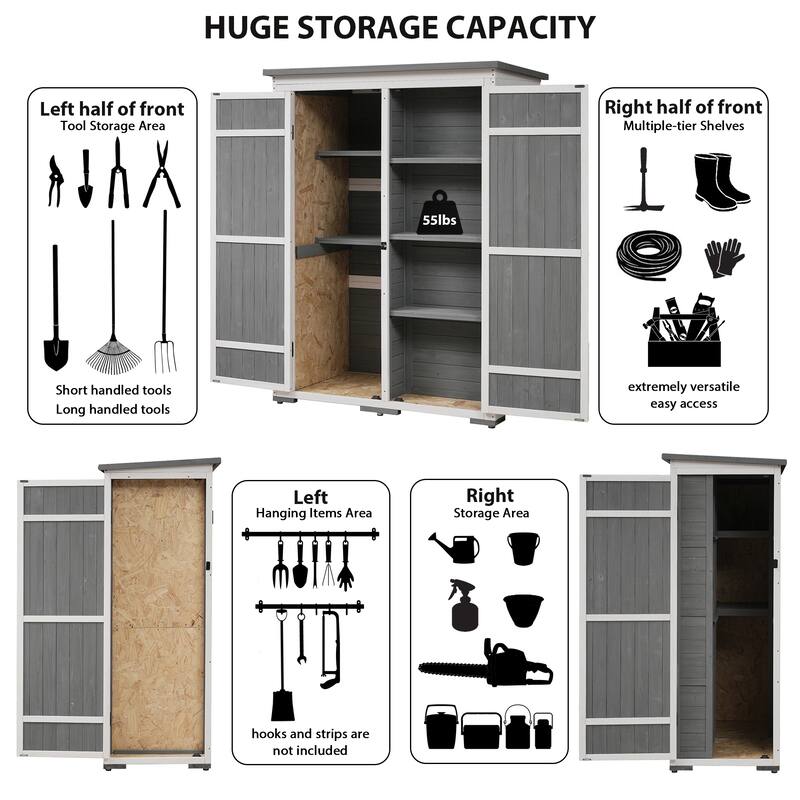 Outdoor 5.5ft Hx4.1ft L Wood Storage Shed, Garden Tool Cabinet with Waterproof Asphalt Roof, Four Lockable Doors