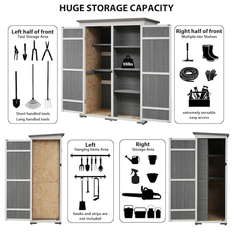 TOPMAX Outdoor 5.5ft Hx4.1ft L Wood Storage Shed Waterproof Asphalt Roof, Four Lockable Doors