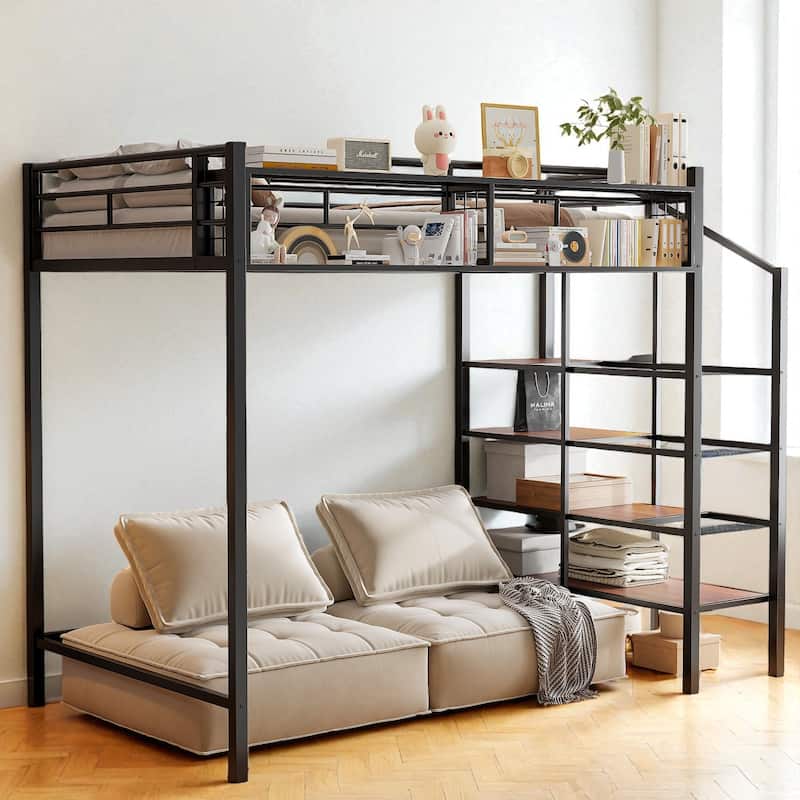 Twin Size Metal Loft Bed with Grid Storage Shelf and 4-Tier Lateral Ladder Shelves